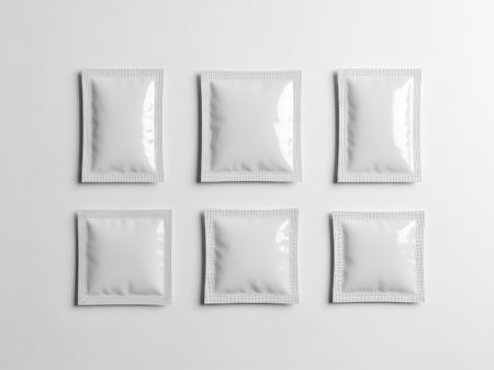 This image features six small, square sachets arranged in two rows of three. Each sachet has a shiny, reflective surface and is placed against a clean, white background. The image is clear and SEO-friendly, emphasizing the simplicity and minimalism of the sachets' presentation.の素材