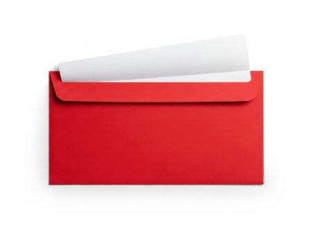 This image features a red envelope with a white letter partially sticking out from the top. The envelope is placed on a white background, creating a clean and minimalistic look. The image is ideal for use in stationery, communication, or postal-related contexts.の素材