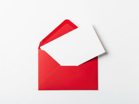 This image features a red envelope with a white card partially pulled out, set against a white background. The envelope is open, revealing the white card inside. The overall composition is clean and minimalistic, making it suitable for various professional or personal uses.の素材