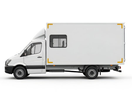 A detailed image of a white cargo van isolated on a white background. The van features a side door and a rear cargo area with visible hinges and a handle. The vehicle is designed for transporting goods and has a clean, professional appearance.の素材