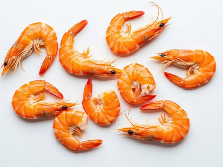 This image features a collection of cooked prawns isolated on a white background. The prawns are arranged in a scattered manner, showcasing their pinkish-orange color and detailed texture. The white background provides a clean and contrasting backdrop, highlighting the prawns prominently. This image is ideal for culinary presentations and food-related content.の素材
