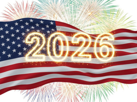 This image features a vibrant celebration of the year 2026, prominently displayed with the American flag as the backdrop. The flag is waving with fireworks bursting in the background, creating a festive atmosphere. The entire scene is set against a clean, white background.の素材