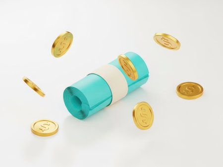 This image features a blue and white pill bottle with several gold coins scattered around it. The entire scene is set against a clean, white background, creating a stark contrast that highlights the objects prominently. The image is SEO-friendly and ideal for use in contexts related to healthcare, finance, or wellness.の素材