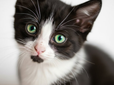 A close-up image of a black and white kitten with striking green eyes, set against a white background. The kitten appears curious and is the main focus of the image. The white background enhances the visibility and appeal of the kitten.の素材