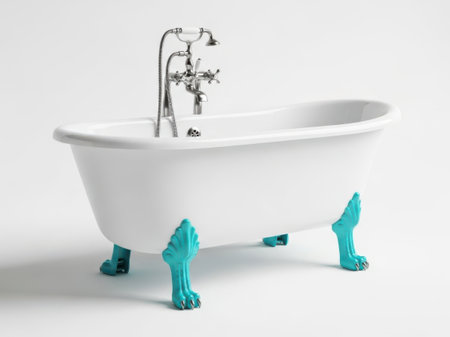 This image features a vintage clawfoot bathtub isolated on a white background. The bathtub has a classic design with a shiny chrome faucet and handles. The claw feet are painted in a turquoise color, adding a touch of elegance and contrast to the otherwise white tub. The image is clear and SEO-friendly, highlighting the bathtub's elegant and vintage style.の素材