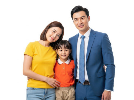 This image features a family of three posing together on a white background. The family consists of a mother wearing a yellow shirt, a father in a blue suit, and a young child in an orange polo shirt. The image is clear and SEO-friendly.の素材