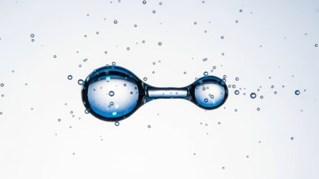 This image features a close-up of a water droplet with intricate reflections, set against a clean white background. The droplet is the central focus, with small water droplets scattered around it, creating a visually appealing composition. The white background enhances the clarity and detail of the droplet and its reflections.の素材