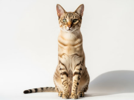 This image features a Bengal cat sitting upright with an alert expression. The cat has a distinctive spotted coat and striking green eyes. The background is plain white, providing a stark contrast that highlights the cat's features. The image is clear and SEO-friendly, ideal for use in pet-related content.の素材