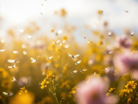 A vibrant image of a field filled with yellow flowers and bees flying around. The flowers are in full bloom, and the bees are actively buzzing from one flower to another. The entire scene is set against a clean, white background, making the colors of the flowers and bees stand out prominently. This image is perfect for nature and wildlife enthusiasts.の素材