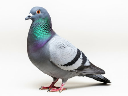 This image features a vibrant pigeon with a mix of blue, green, and purple feathers on its head and neck, and white feathers on its body. The pigeon has black and white wing patterns and pinkish legs. The bird is standing upright against a plain white background, making it the focal point of the image. The image is clear and SEO-friendly.の素材