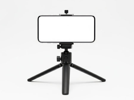 This image features a smartphone securely mounted on a tripod against a white background. The setup includes a tripod with three extended legs and a clamp holding the smartphone in place. The smartphone is positioned horizontally, and the entire setup is isolated on a clean white background, making it clear and visually appealing.の素材