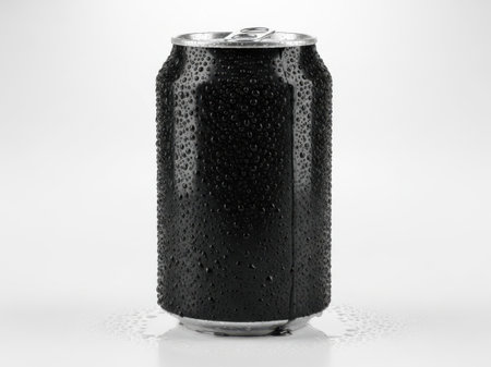 This image features a single soda can placed centrally against a white background. The can is dark in color and appears to be wet, with visible droplets of condensation on its surface. The lighting highlights the texture and shape of the can, making it the focal point of the image.の素材