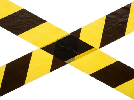 This image features a section of yellow and black caution tape, typically used for warning or restricting access, isolated on a white background. The tape is prominently displayed in the center of the image, with its characteristic diagonal stripes clearly visible.の素材