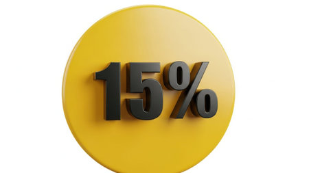This image features a vibrant yellow circle with the text '15%' prominently displayed in the center. The design is simple and clean, with a white background that makes the yellow circle and the dark gray '15%' stand out clearly. The image is ideal for representing sales, discounts, or promotions.の素材