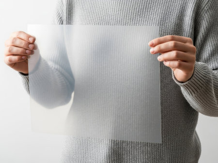 The image depicts a person wearing a gray sweater holding a transparent sheet of paper against a white background. The person's hands are visible, holding the sheet on either side. The white background provides a stark contrast, making the transparent sheet and the person's hands the focal points of the image. This image is ideal for use in design, presentation, or educational contexts.の素材