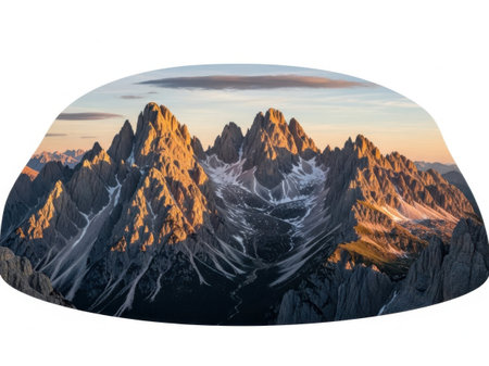 This image features a stunning mountain range landscape with sharp peaks and rugged terrain. The scene is captured during either sunrise or sunset, with the sun casting a warm, golden glow on the peaks. The image is set against a clean, white background, making the natural beauty of the mountains stand out prominently. Ideal for nature and landscape enthusiasts.の素材