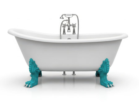 This image features an elegant clawfoot bathtub isolated on a white background. The bathtub has a classic design with a white finish and is supported by four ornate claw feet painted in a turquoise color. A polished chrome faucet and handles are mounted on the tub, adding to its luxurious appearance. The image is clear and SEO-friendly, highlighting the bathtub's design and details.の素材