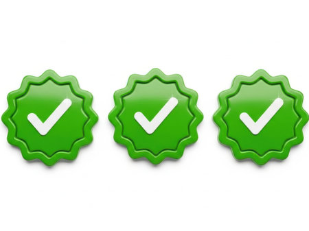 This image features three green check marks, each encapsulated in a green badge-like shape, isolated on a white background. The check marks are evenly spaced and centrally aligned, creating a balanced composition. The image is clean and professional, suitable for various design and branding purposes.の素材