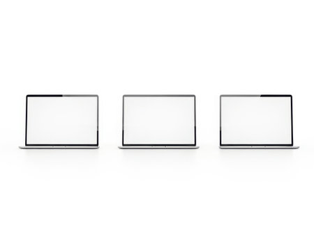 This image features three laptops arranged in a row on a white background. The laptops are depicted in a minimalist style with black outlines and white screens, creating a clean and modern aesthetic. The image is ideal for use in technology-related contexts and design projects.の素材
