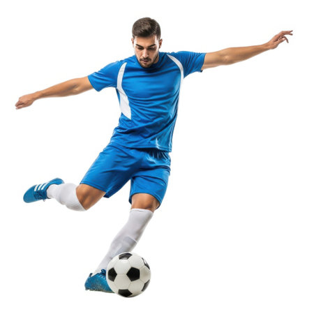A soccer player in a blue uniform skillfully kicks a soccer ball, showcasing agility and precision.の素材