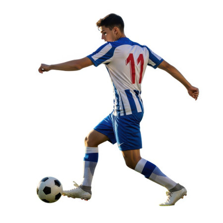 A dynamic image of a soccer player in motion, skillfully kicking a soccer ball on a white background.の素材