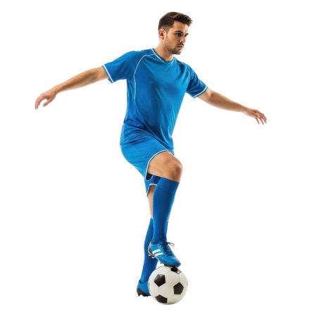 A young man in a blue soccer uniform skillfully dribbles a soccer ball on a white background.の素材