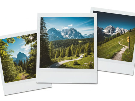 Three distinct photographs showcase breathtaking mountain trails and lush forests under a clear blue sky.の素材