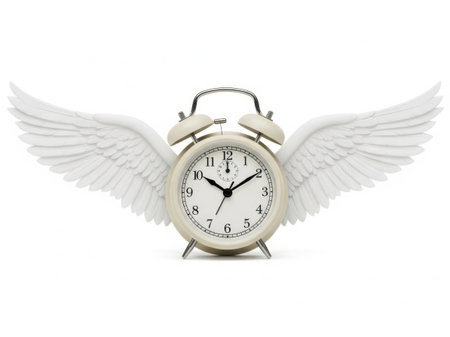 A white alarm clock with wings attached to its sides, giving it an angelic appearance, set against a plain white background.の素材