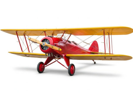 A detailed model of a vintage biplane featuring red and yellow wings, a single propeller, and a classic design.の素材