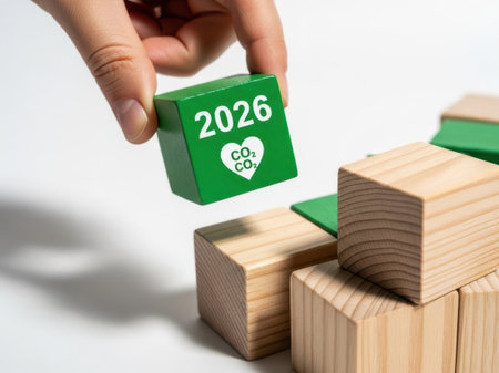 A hand carefully places a green block labeled with the year 2026 and an eco-friendly symbol onto a stack of wooden blocks.の素材