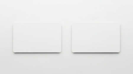 The image features two simple, white business cards placed side by side against a plain, white background. The cards are rectangular with rounded corners and appear to be blank, offering a clean and professional look. The minimalist design emphasizes the cards' pristine and uncluttered appearance, making them suitable for various professional uses. The overall composition is straightforward and elegant, highlighting the cards' simplicity and functionality.の素材