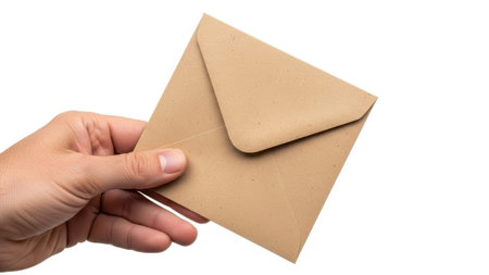 The image depicts a hand gently holding a brown envelope against a plain white background. The envelope appears to be made of recycled paper, with a slightly textured surface. The hand is positioned in such a way that the fingers are visible, holding the envelope by its edges. The envelope is sealed and has a flap that is neatly folded over. The overall composition is simple and minimalistic, focusing on the envelope and the hand holding it.の素材
