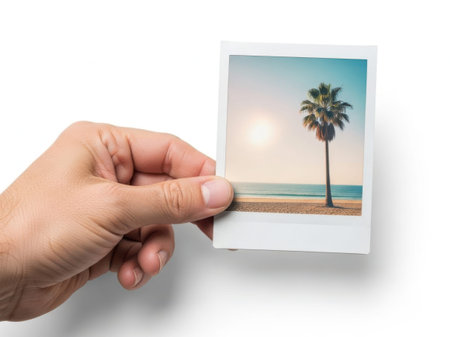 The image captures a serene moment where a hand is holding a Polaroid photograph. The photograph depicts a solitary palm tree standing tall on a sandy beach, with the sun setting in the background. The sky is painted with hues of orange and blue, creating a tranquil and picturesque scene. The hand holding the Polaroid adds a personal touch, emphasizing the cherished memory captured in the photograph.の素材