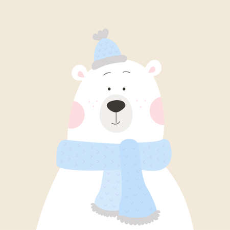 Polar bear with a blue hat and a blue scarf on a beige background for your creativity for children's creativityのイラスト素材