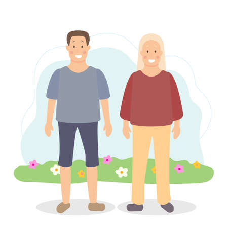 Two people, adults, a young guy and a young girl in clothes, neighbors or friends, on a white background for your creativityのイラスト素材