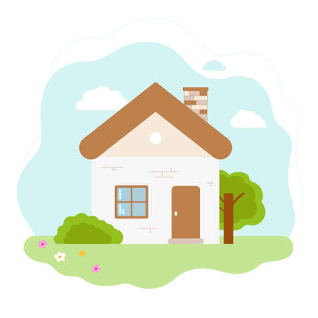 Beige house. Behind the house there is a blue sky and a green tree. Sunny summer day. White background, illustration for your creativityのイラスト素材