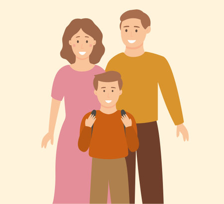 The family sees their son off to school. The beginning of the school year. Schoolboy with a...