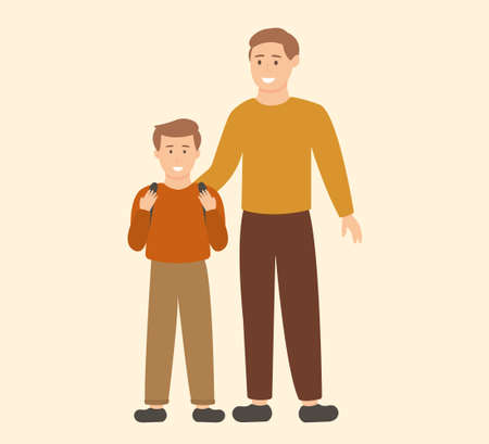 The father escorts his son to school. Schoolboy with a backpack. Illustration for your creativityのイラスト素材
