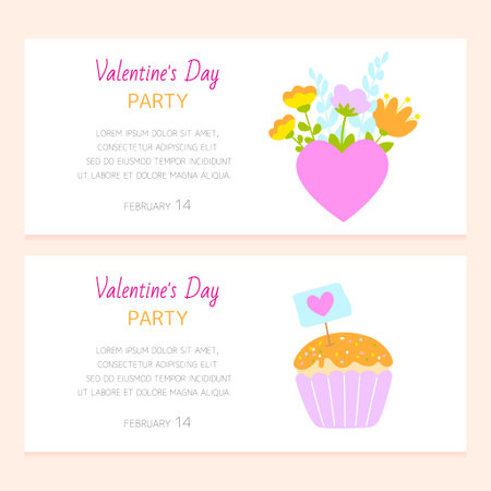 Two Valentine's Day invitations, white background, elements and patterns. Theme is love, heart, flowers and cake.のイラスト素材