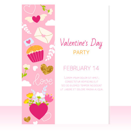 Two Valentine's Day invitations, white background, pink party, elements and patterns. The theme is love, heart, flowers and cake, glitter and gold.のイラスト素材