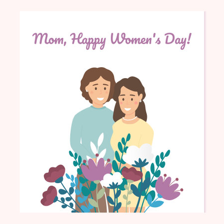 Greeting card on a pink background, playbill, poster, congratulations for mother on Women's Day, daughter hugging motherのイラスト素材