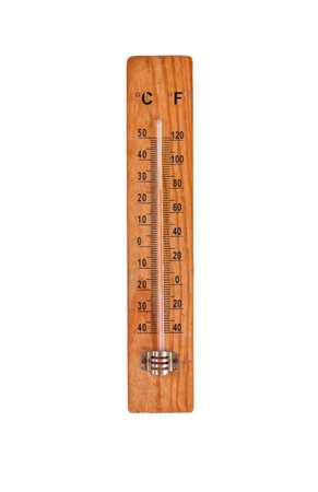 Thermometer on wooden base with celsius and fahrenheit degrees scale, isolated on white background...
