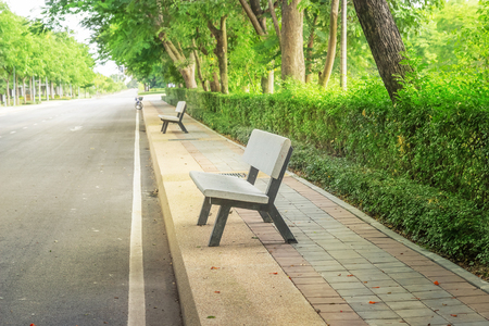 Benches set up along the road for people to sit and relax.の写真素材