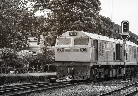 Old train on a monorail in the city.