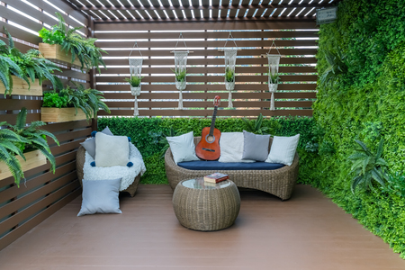 Seating in the garden on the balcony, is a recreation place.の写真素材
