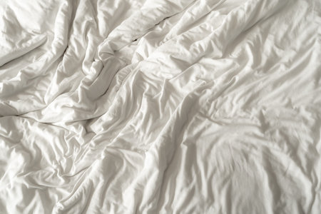 The texture of the white bedsheet is wrinkled.