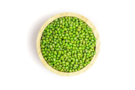 top view, Mung bean in a wooden cup isolated on white backgroundの写真素材