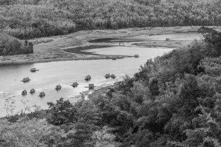 bamboo raft hut in Huay Krating Reservoir., Loie Province, Thailand.の写真素材