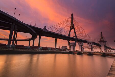 Bangkok City - Beautiful sunset view of Bhumibol Bridge,Thailandの写真素材