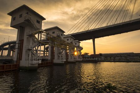 Bangkok City - Beautiful sunset view of Bhumibol Bridge,Thailandの写真素材